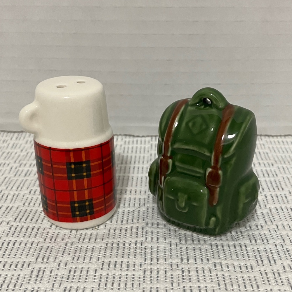 Ceramic Backpack & Plaid Thermos Salt and Pepper Shakers - Green & Red